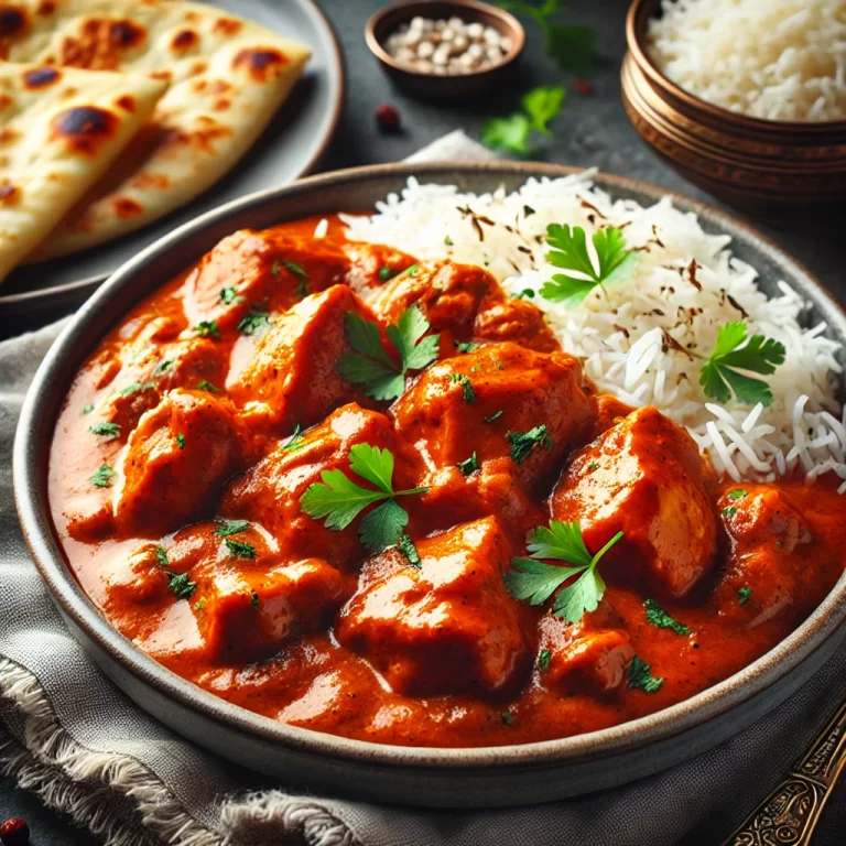 Butter Chicken Recipe | Creamy Indian Chicken in Tomato Sauce with Naan and Rice